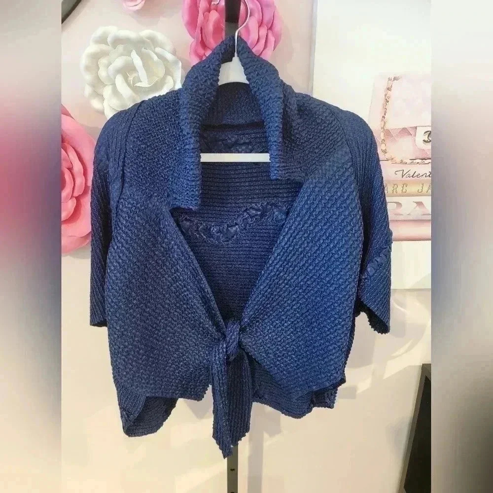 Blue Crinkle Fabric Front Tie Jacket